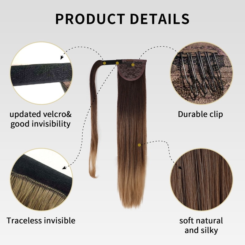 Synthetic Hair Chip-in Hair Extension Pony Tail Wig Heat-Resistant Straight Hair With Ponytail Wig 20Inch Long Black Brown Ombr3