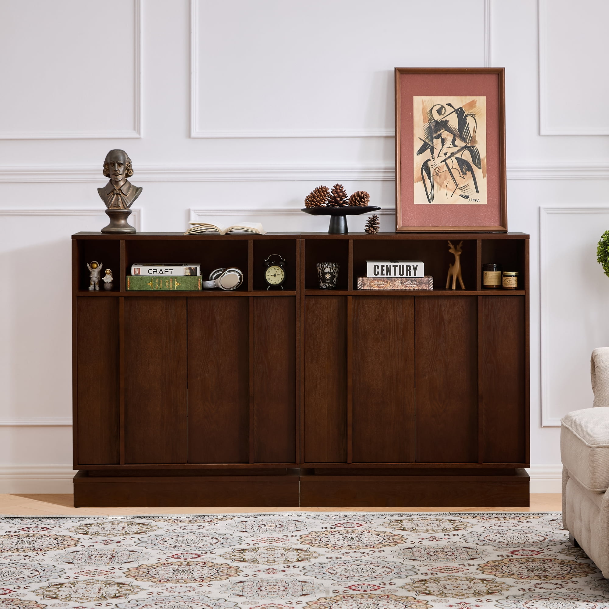 Leumius Sideboard Buffet Cabinet with Storage, Farmhouse Fluted Sideboard with 2 Doors & Adjustable Shelf, TV Media Console, Storage Cabinet for Entryway Hallway Kitchen Dining Living Room,Walnut