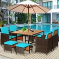 thumbnail image 1 of Costway 9PCS Patio Rattan Dining Set Cushioned Chairs Ottoman Wood Table Top Turquoise, 1 of 10