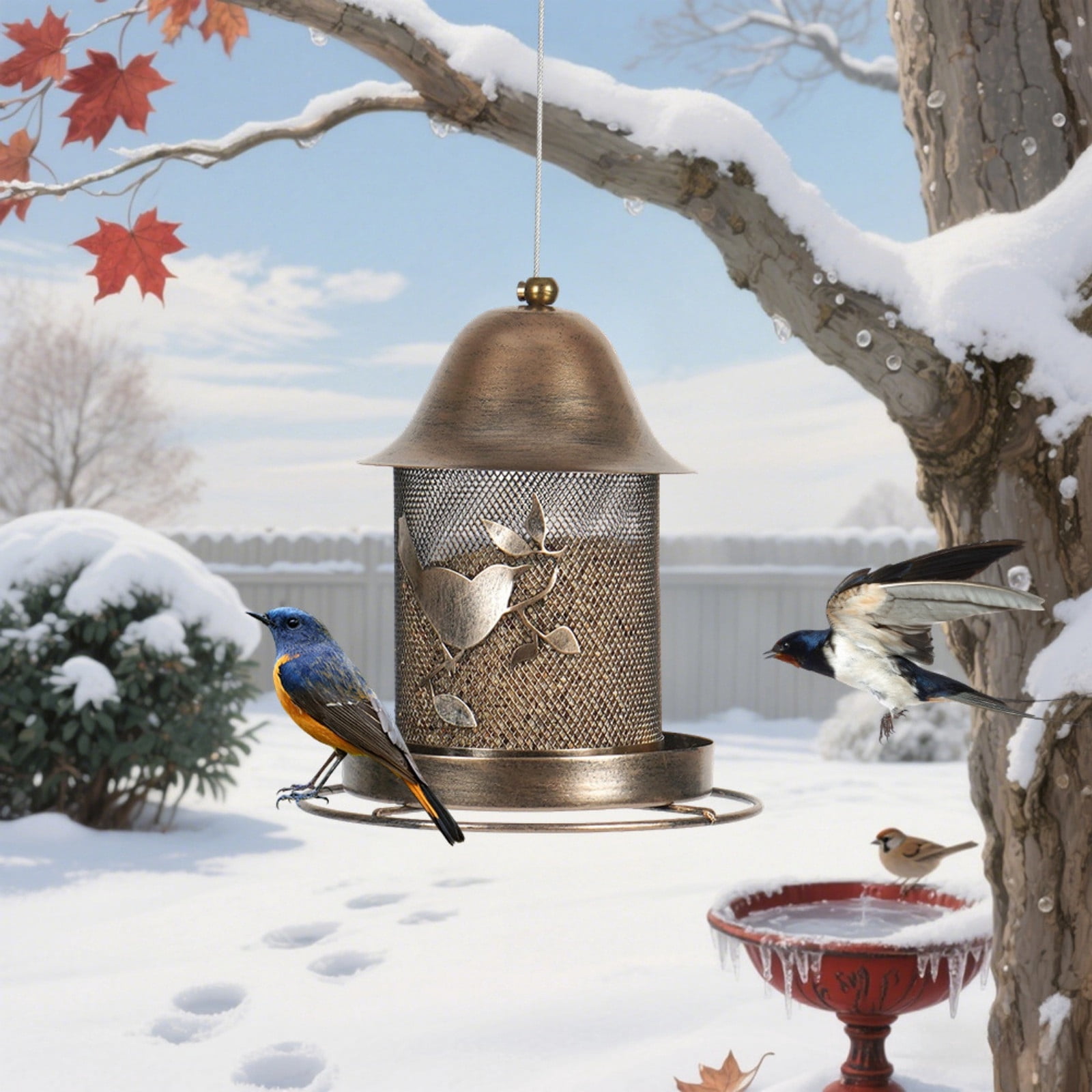 Squirrel Proof Metal Bird Feeder, Outdoor Sturdy Hanging Feeder, Adjustable Seed Garden Birdhouse, Patio Decorative Feeder Station, 14.17x7.87x6.69 Inches