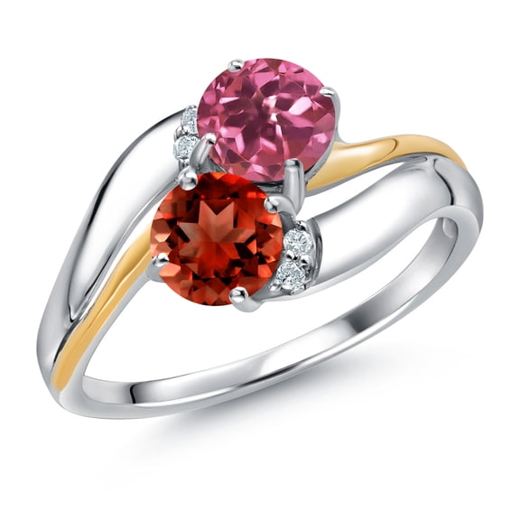 Gem Stone King 925 Sterling Silver and 10K Yellow Gold Red Garnet Pink Tourmaline 5MM Round 2 Stone and Lab Grown Diamond Accent Ring for Women (1.55 Cttw, Gemstone January Birthstone, Size 6)