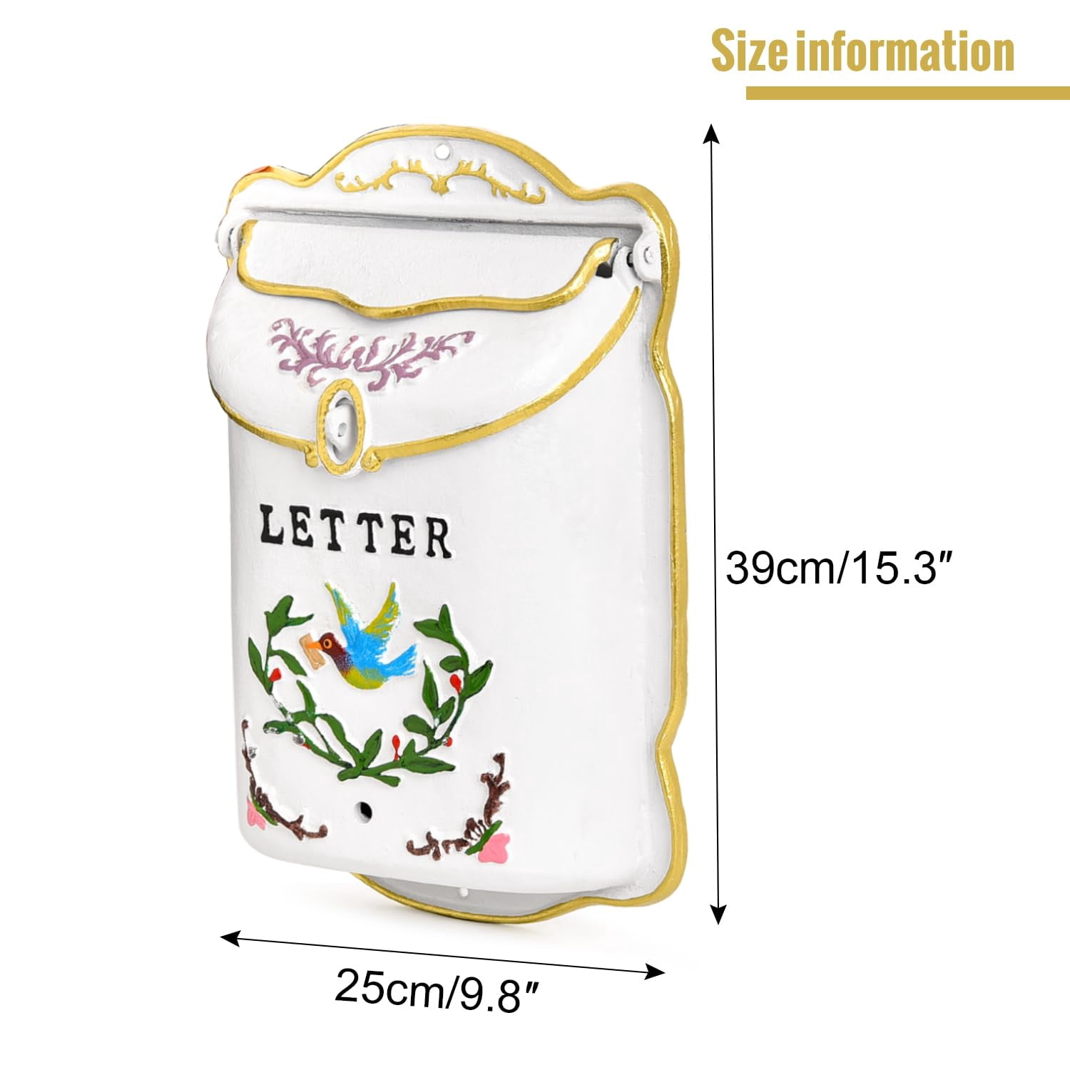 Sungmor Cast Iron Wall Mount Mailbox, Country Style Post Box for Outside, Vintage White Locking Mailbox, Decorative Heavy Duty