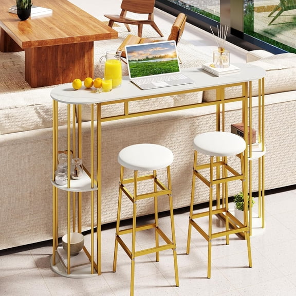60-Inches Bar Table for 2-4, Large Pub Table with Faux Marble Tabletop and Storage Shelves, Heavy-Duty Metal Frame, Modern Dining Tables for Kitchen, Dining Room, Bistro (Golden and White)
