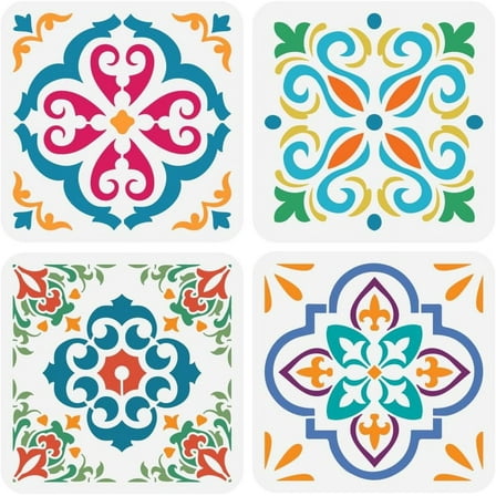 4PCS Tile Pattern Painting Stencil 7.9x7.9inch Damask Border Stencil Reusable Floral Damask Decorative Stencil for Painting on Wall Wood Floor Tile Canvas Fabric Furniture Home Decor 1 Set