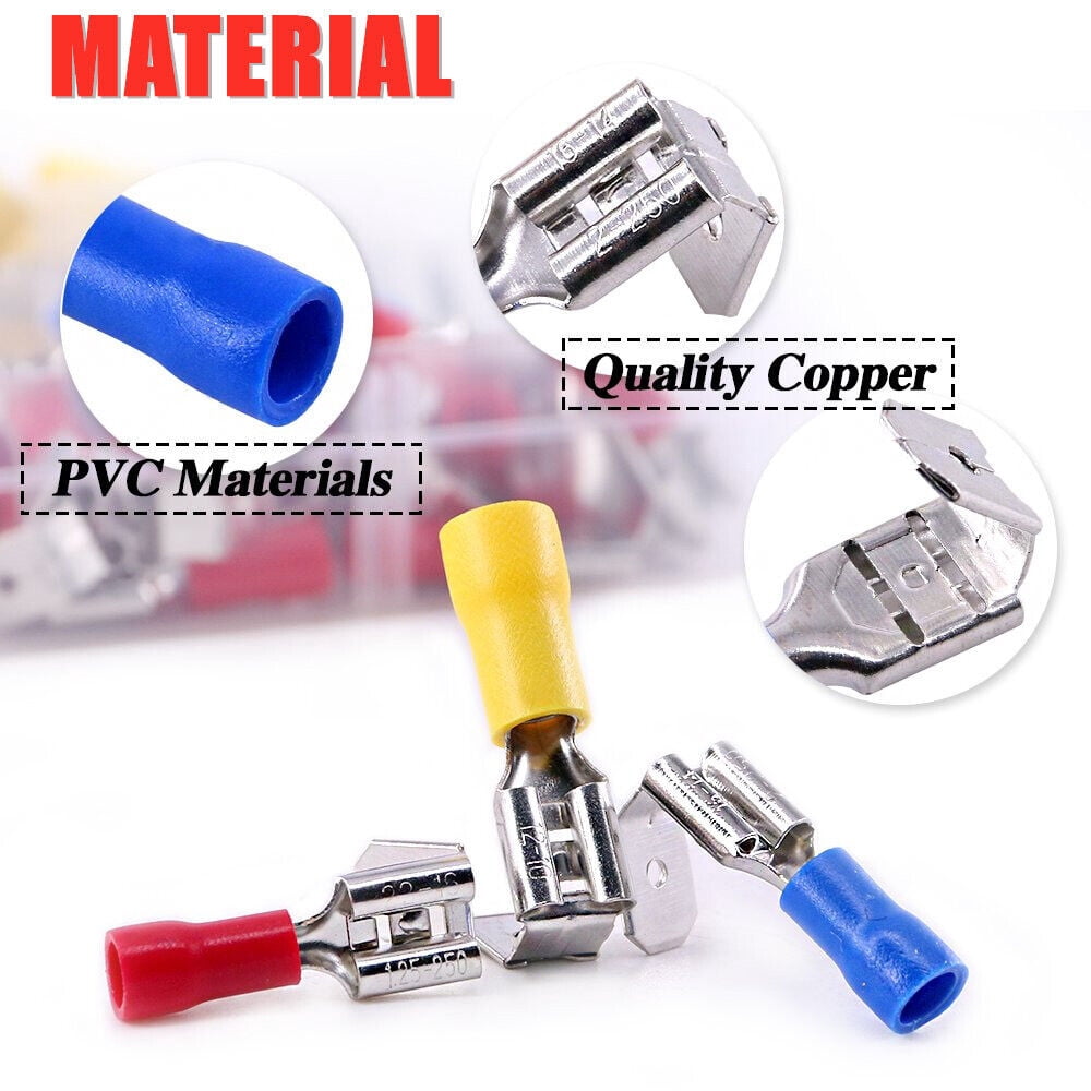 100Pcs 6.3mm Fully Insulated Crimp Spade Terminals Piggyback Wire Connectors Set