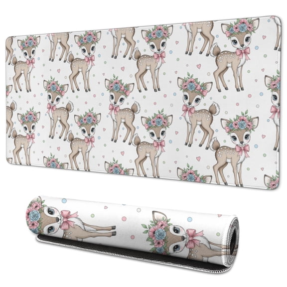 35.4x15.7 Inch Gaming Mouse Pad, Non-Slip Stitched Rubber Desk Mat for Desktop & Laptop,Deer Floral Crown Pink White Pattern