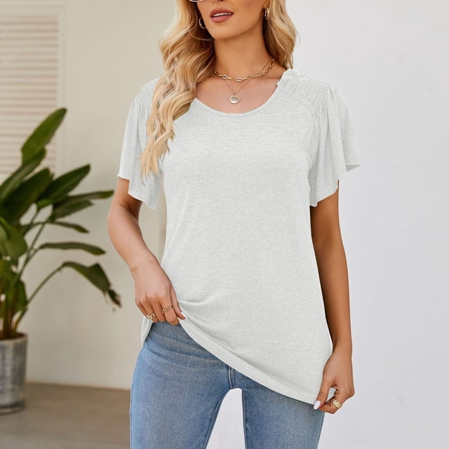 Shorts pour Femmes, Hauts à Manches Courtes pour Femmes, T-Shirt Décontracté Uni à Col Rond à Manches Volantées pour Femmes, Haut à Manches Courtes