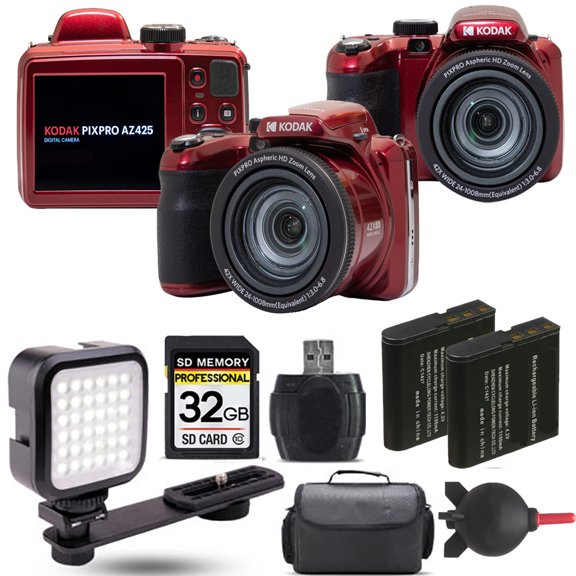 Kodak PIXPRO AZ425 Digital Camera (Red) Extra Battery LED - 32GB Kit