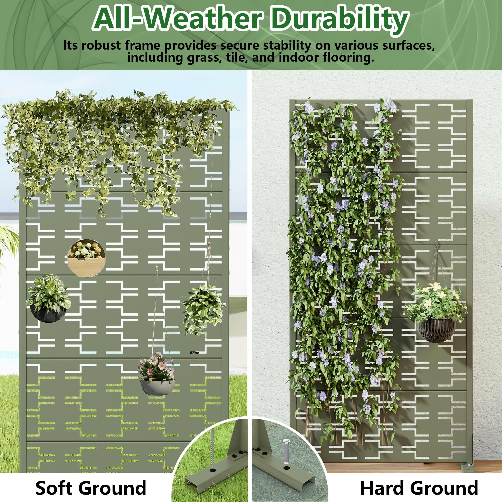 MAYEERTY Outdoor Metal Privacy Screen 5ft Olive Gray, 5-Panel Brick Pattern Decorative Screen for Garden