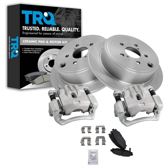 TRQ Rear Brake Pad & Rotor Kit Brake Caliper Brake Pads Brake Rotor Ceramic Solid Fits Select 2010-2014 Subaru Legacy Outback