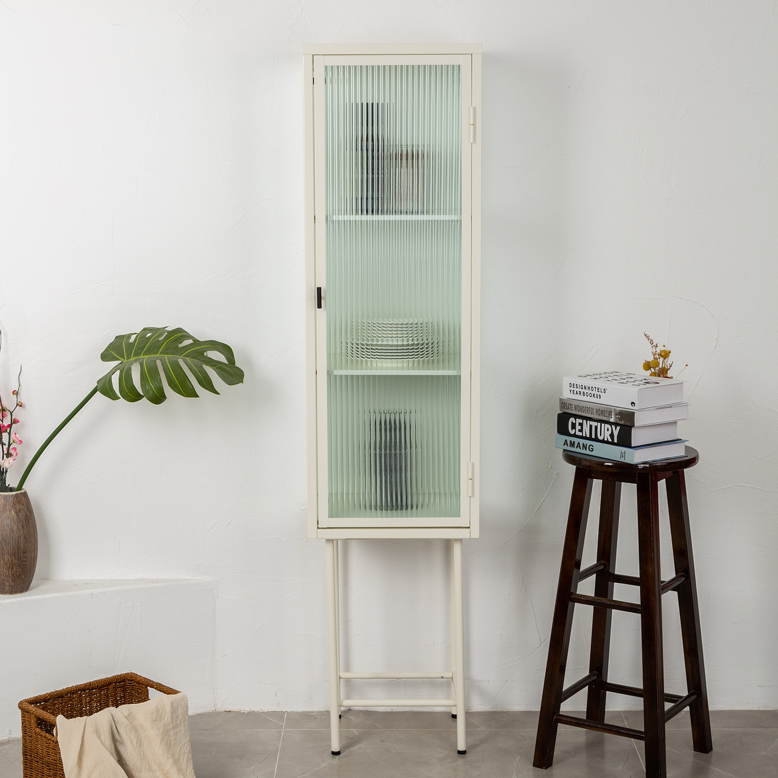 Retro Fluted Glass Storage Tall Display with 3