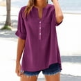thumbnail image 3 of Fmbrln Womens Summer Linen 3/4 Sleeve Tops Fashion Casual V Neck Button Solid Color Shirts Comfy Loose Blouse with Pockets Purple XL, 3 of 5
