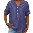 thumbnail image 3 of Junur Linen Shirts for Women V Neck Short Sleeve Cotton Tops Striped Linen Button Down Casual Dressy Shirt for Summer 2026, 3 of 8