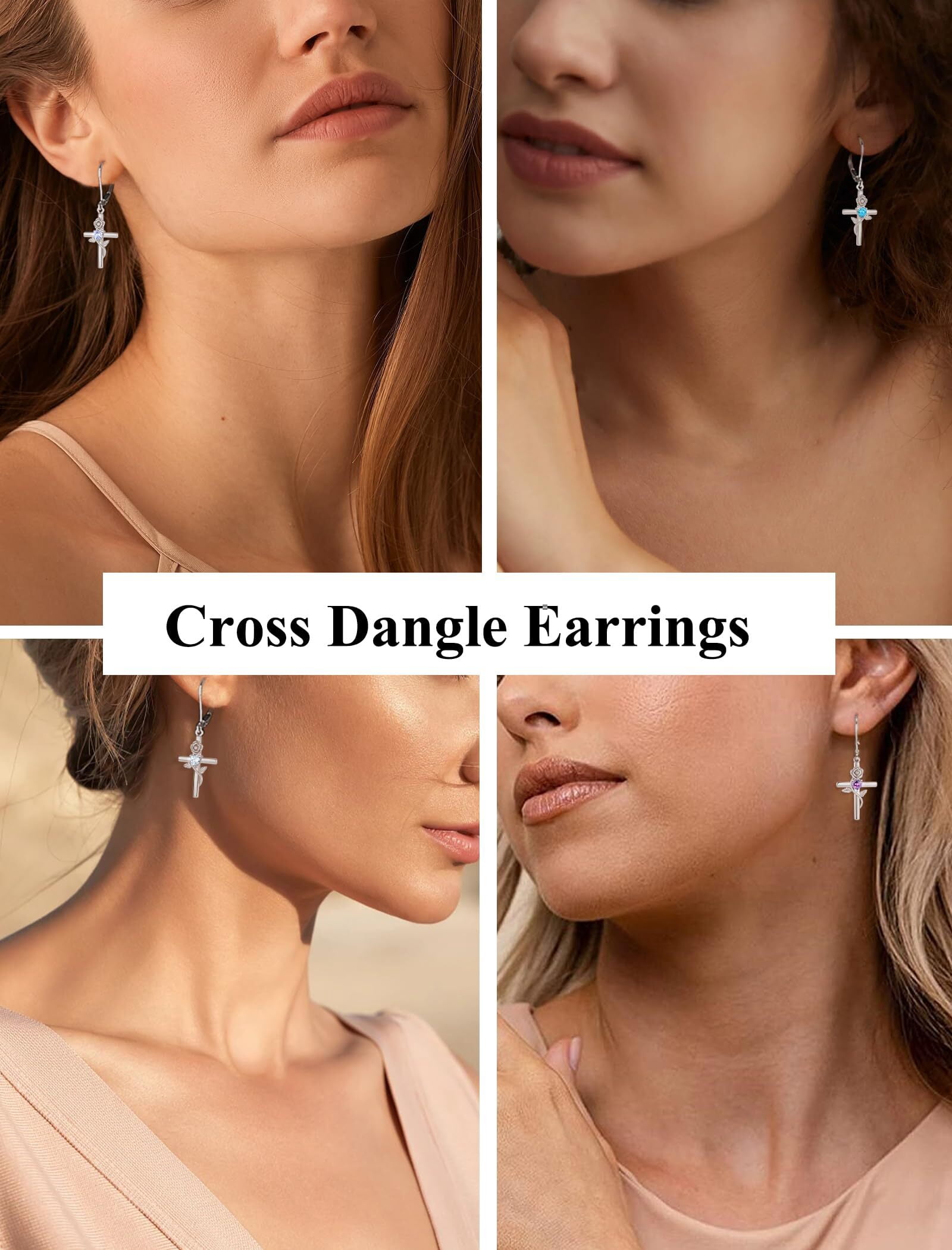 VESITIM Cross Earrings for Women Rose Flower Earring 925 Sterling Silver Dangle Drop Religious Jewelry Gift with Heart Created Amethyst Birthstones