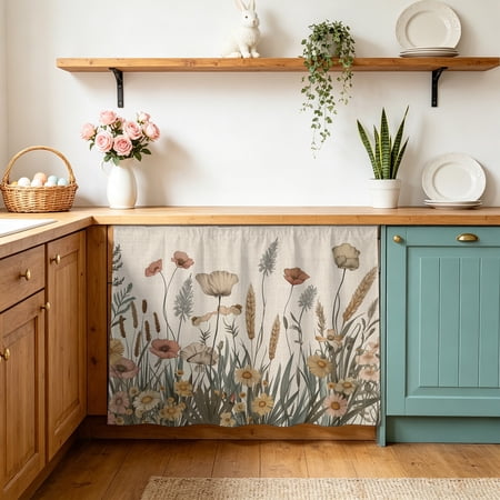 Cabinet Curtains 28 W x 35 L Pastoral Botanical Sink Skirt for Bathroom Kitchen Self Adhesive Farmhouse Floral Rustic Desk Privacy Short Curtain for Vanity Laundry Room Shelf