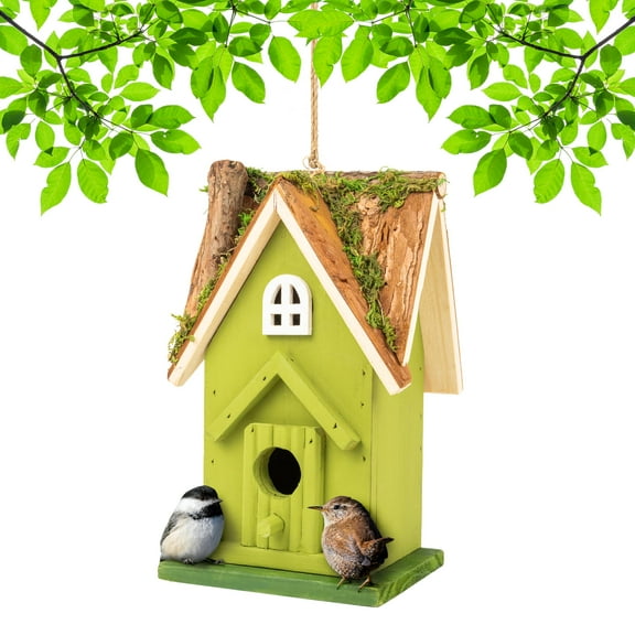 MEKKAPRO Rustic Handcrafted Wooden Birdhouse with Natural Moss Detail - Inviting Garden Sanctuary for Birds