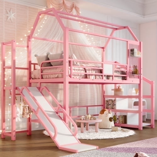 Twin Size House Loft Bed with Slide and Stairs, Metal Frame Loft Bed with Shelves, Hanging Rod, Safe Guardrails, Playhouse Style, House-shaped Roof and Noise-free Design, Pink