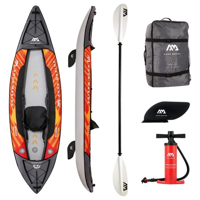 Aqua Marina Touring Inflatable Kayak with Paddle Pump, Seat, Fins, and Bag Black/Orange