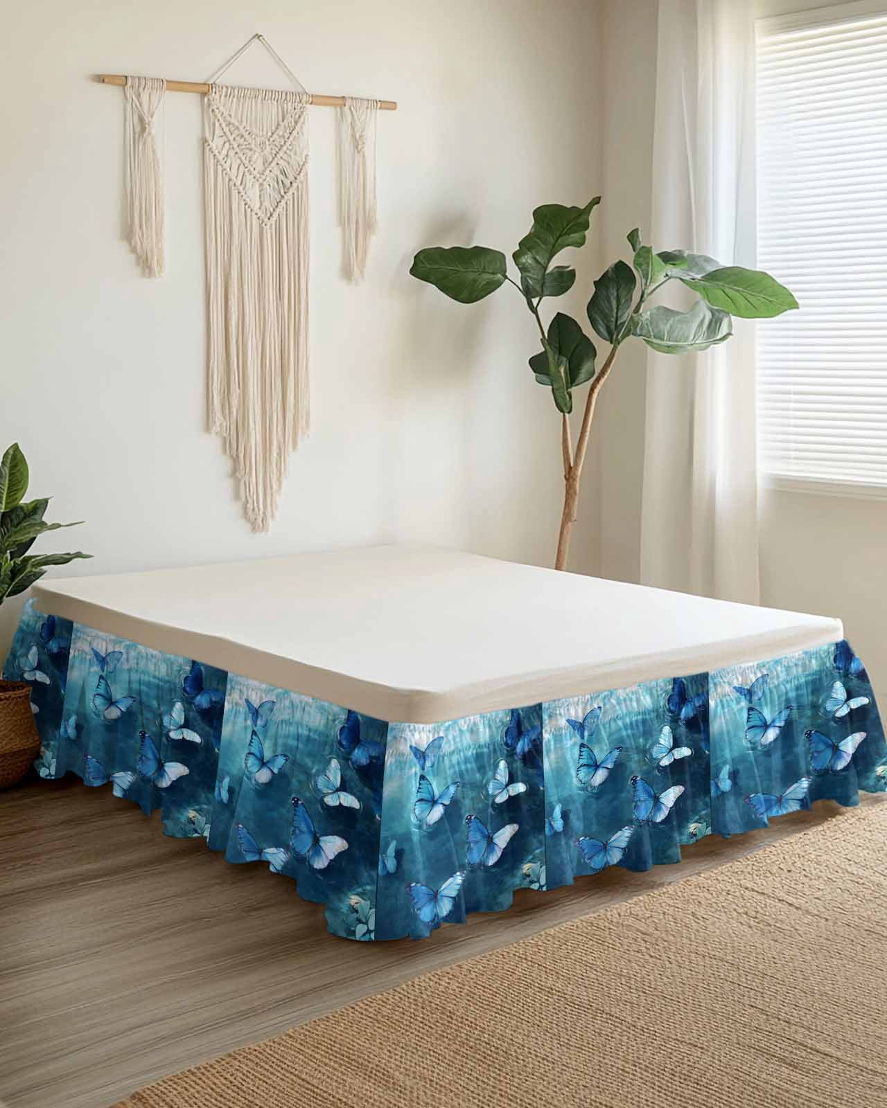Blue Butterfly Wrap Around Bed Skirts for Queen Bed 16" Drop, Bed Skirt with Adjustable Elastic Belt Dust Ruffle Bed Valance for Bedroom Hotel Luxury Modern Elegant Water Ripples Bed Frame Cover