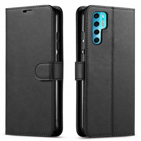 TCL 20 PRO 5G Case, Included [Tempered Glass Screen Protector], Starshop Premium Leather Wallet Pocket Credit Card Slots-Black