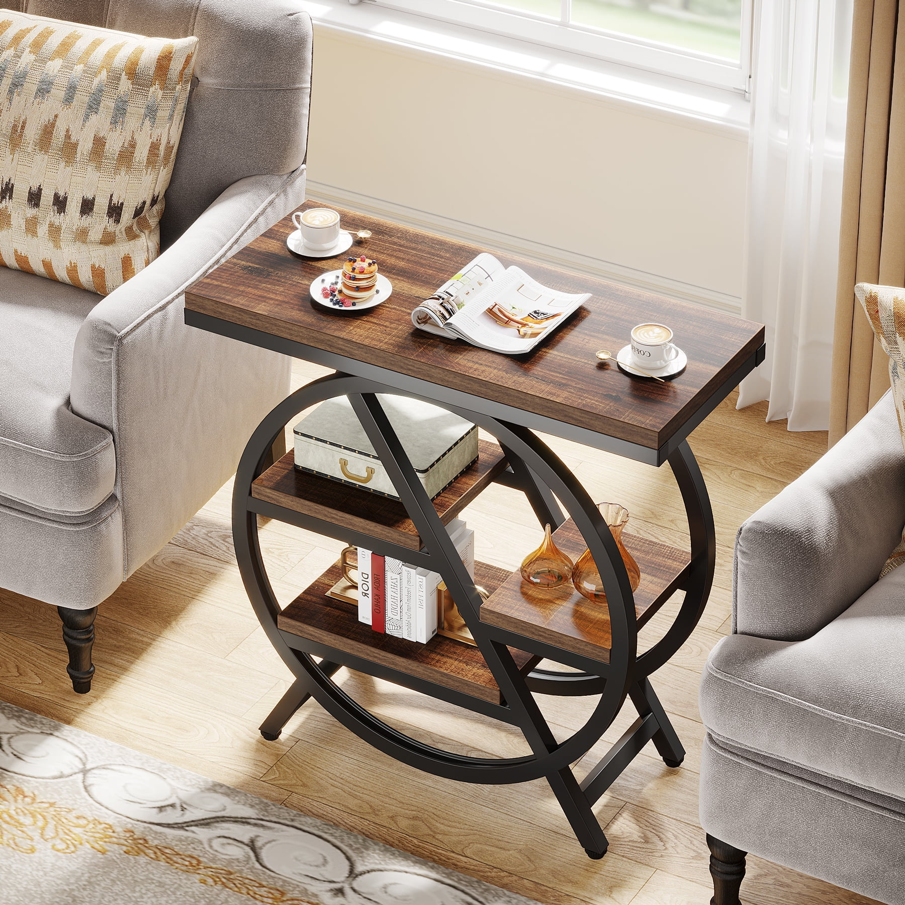 Demi Bonn Half-Round End Table, 3-Tier Narrow Side Table with Metal Frame for Hallway, Entrance, Living Room, Bedroom, Brown