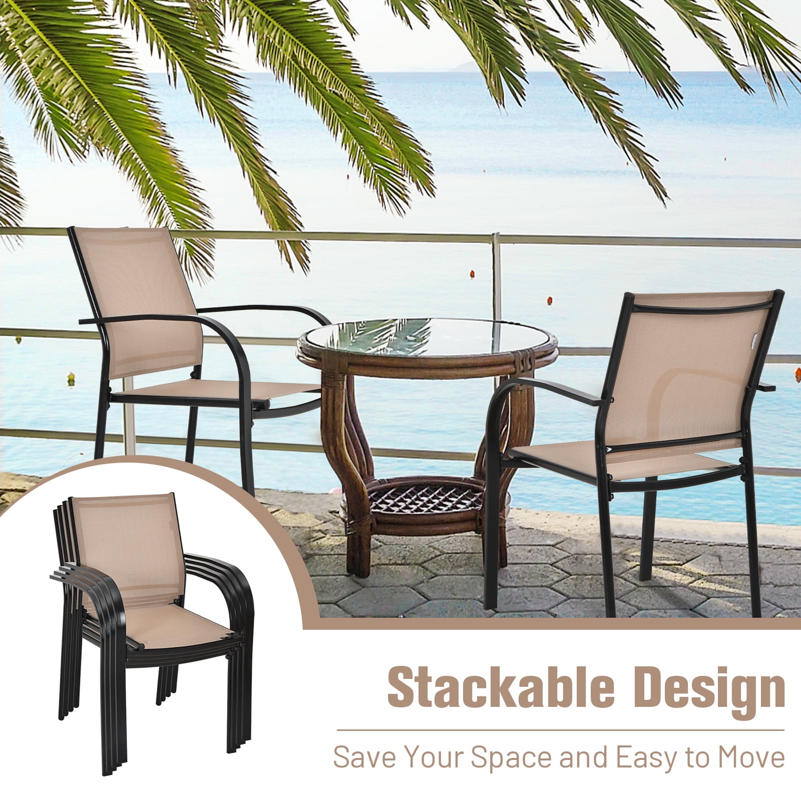 Topbuy 2PCS Outdoor Dining Chairs Stackable Chairs w/Armrests & Breathable Fabric for Balcony Garden & Patio