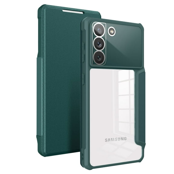 SaniMore for Samsung Galaxy S22 Plus Case Transparent PC & Soft TPU Built-in Electroplated Lens Ring, Magnetic Flip Cover with Card Slot & Kickstand Shockproof Protective Shell, Darkgreen