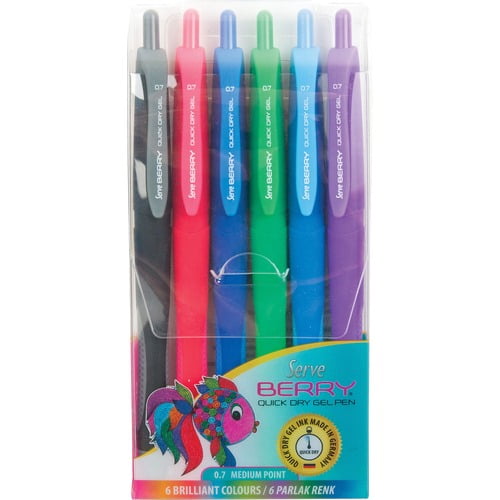 So-Mine Serve Berry Quick Dry Retract Gel Ink Pen - Medium Pen Point - 0.7 mm Pen Point Size - Retractable - Black, Blue, Red, Dark Blue, Purple, Green Gel-based Ink - Black, Blue, Red, Dark Blue, Purple, Green Barrel