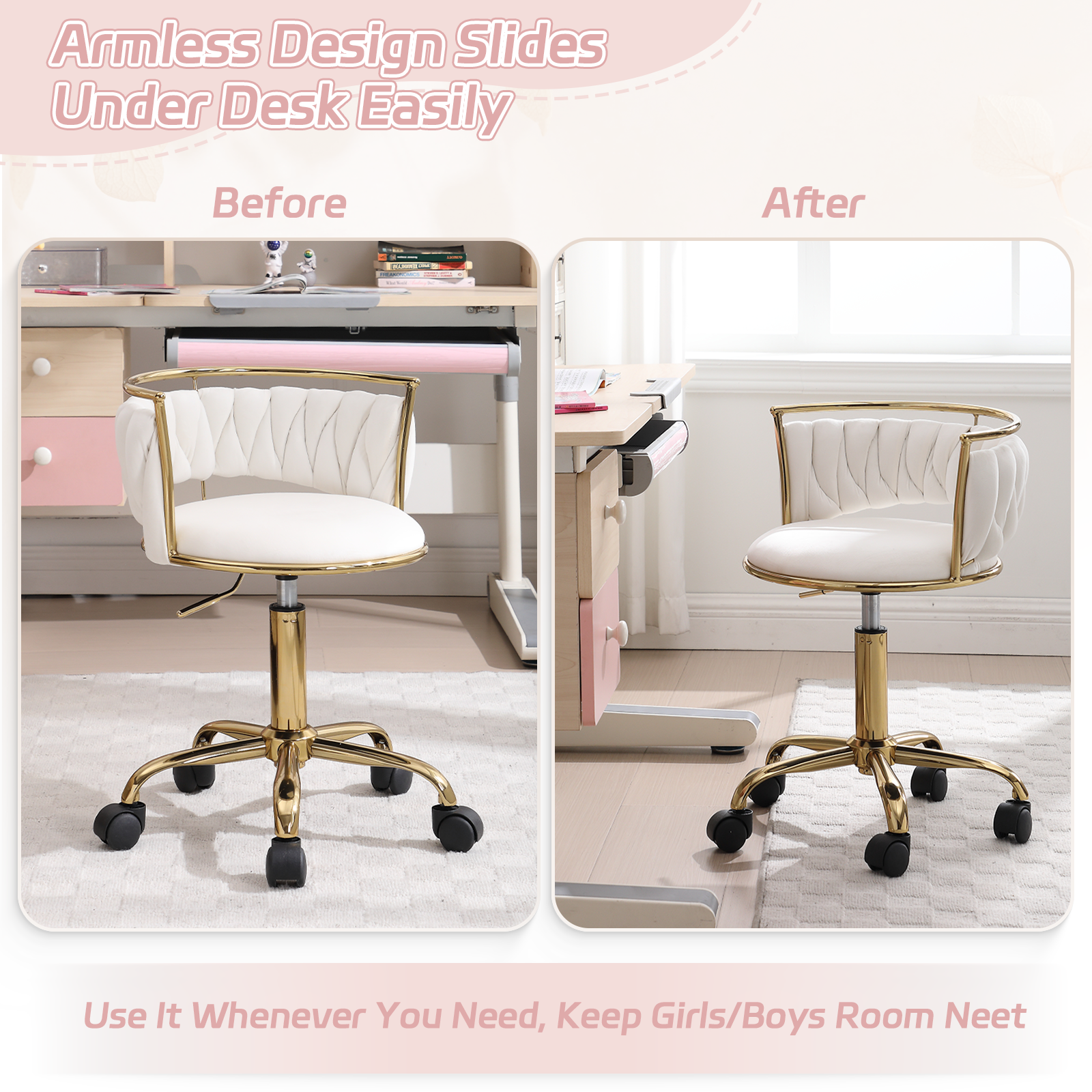 Guyou Kids Desk Chair, Velvet Rolling Swivel Children Chair, Adjustable Student Task Chair, Curved Woven Backrest Vanity Chair for Bedroom Dormitory Children Gifts, White