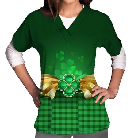 

KIJBLAE St.Patrick s Day Shirts for Women Clover Print Tops V-Neck T-shirt Working Uniform Clothes for Girls Short Sleeve Tees Scrub Pocket Blouses Gold XL Savings