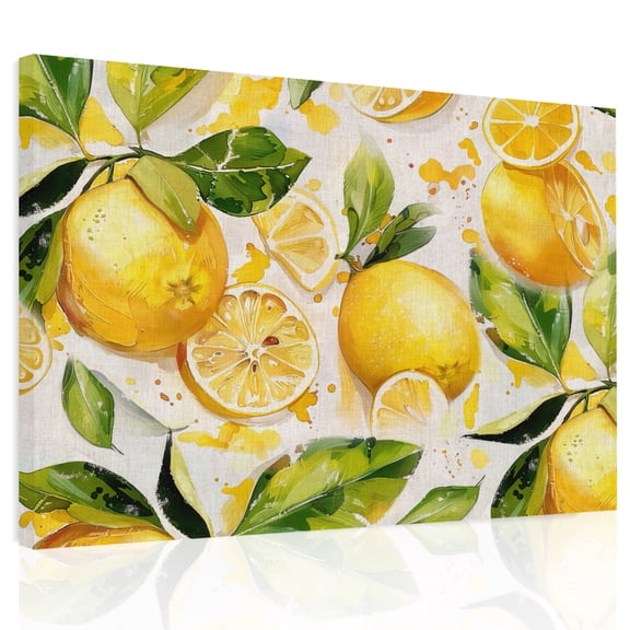 Summer Vintage Canvas Print Wall Art, Watercolor Yellow Lemon with Leaves Wall Decor Modern Artwork Paintings Pictures for Living Room Framed and Stretched Ready to Hang, 16" x 20"