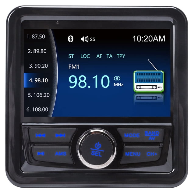 Audio Systems Marine Gauge Receiver - Weatherproof, 4-inch Display Screen, Built-in Amplifier, Bluetooth, Digital Media MP3 Player, No CD Player, USB