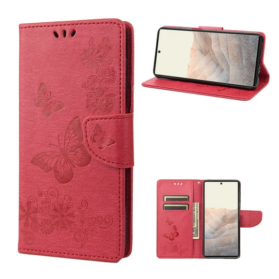 TECH CIRCLE for Google Pixel 8 Pro Wallet Case,Butterfly Flower Embossed PU Leather Magnetic Flip Kickstand Shockproof Cover with Card Slots & Wrist Strap for Google Pixel 8 Pro,Rose