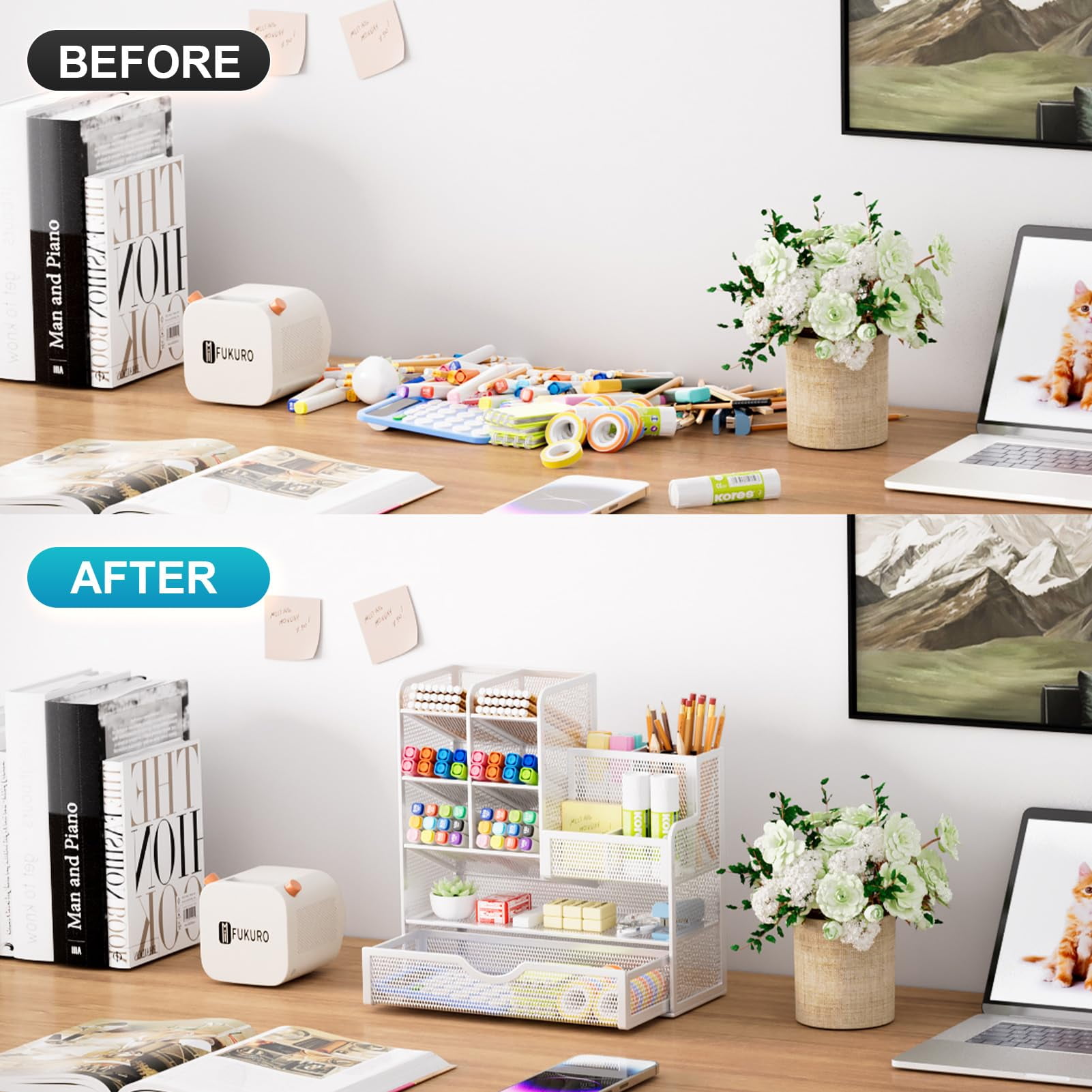 Marbrasse Mesh Pen Holder for Desk, Desk Organizer with Drawer, Multi-Functional Pencil Organizer, Accessories for Office Art Supplies (White)
