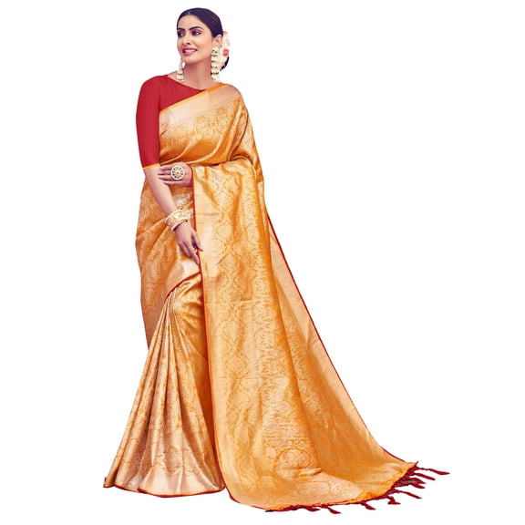 Sarees for Women Banarasi Art Silk Woven Saree || Ethnic Indian Traditional Wedding Gift Sari with Unstitched Blouse Yellow