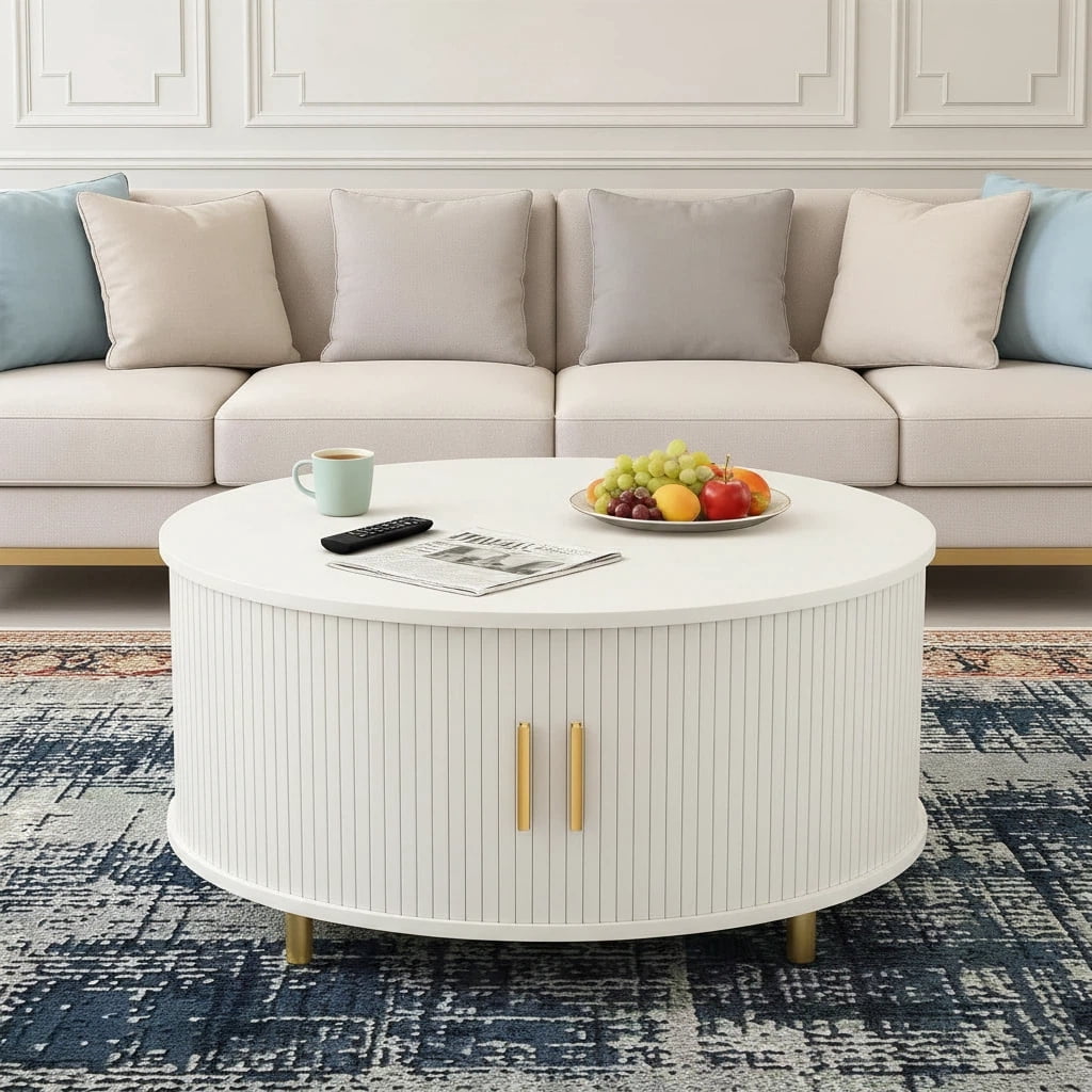 Aisword Round Coffee Table with 360° Sliding Door, Fluted Accent Storage Coffee Table with Adjustable Footpads for Living Room, White
