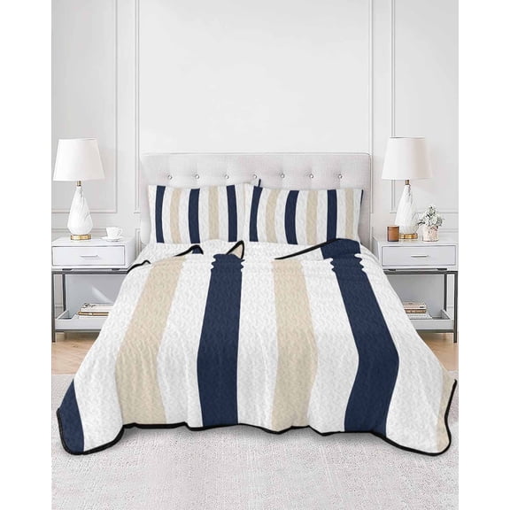 Quilts Full Size, Beige Navy Blue Striped Soft Comforter Bedding Set for Bed, Farmhouse Stripe Art Lightweight Quilted Bedspread with Pillow Cover(2 Pieces) for All Season, 78x90 Inch