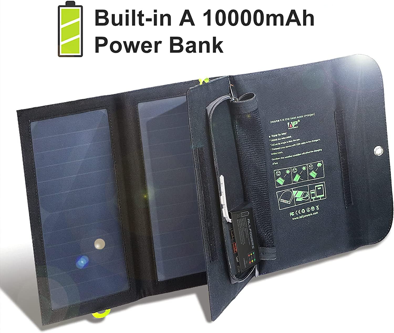 ALLPOWERS 21W Foldable Solar Panel with 10000mAh Power Bank, 3 USB Ports Portable Solar Charger for Camping Hiking