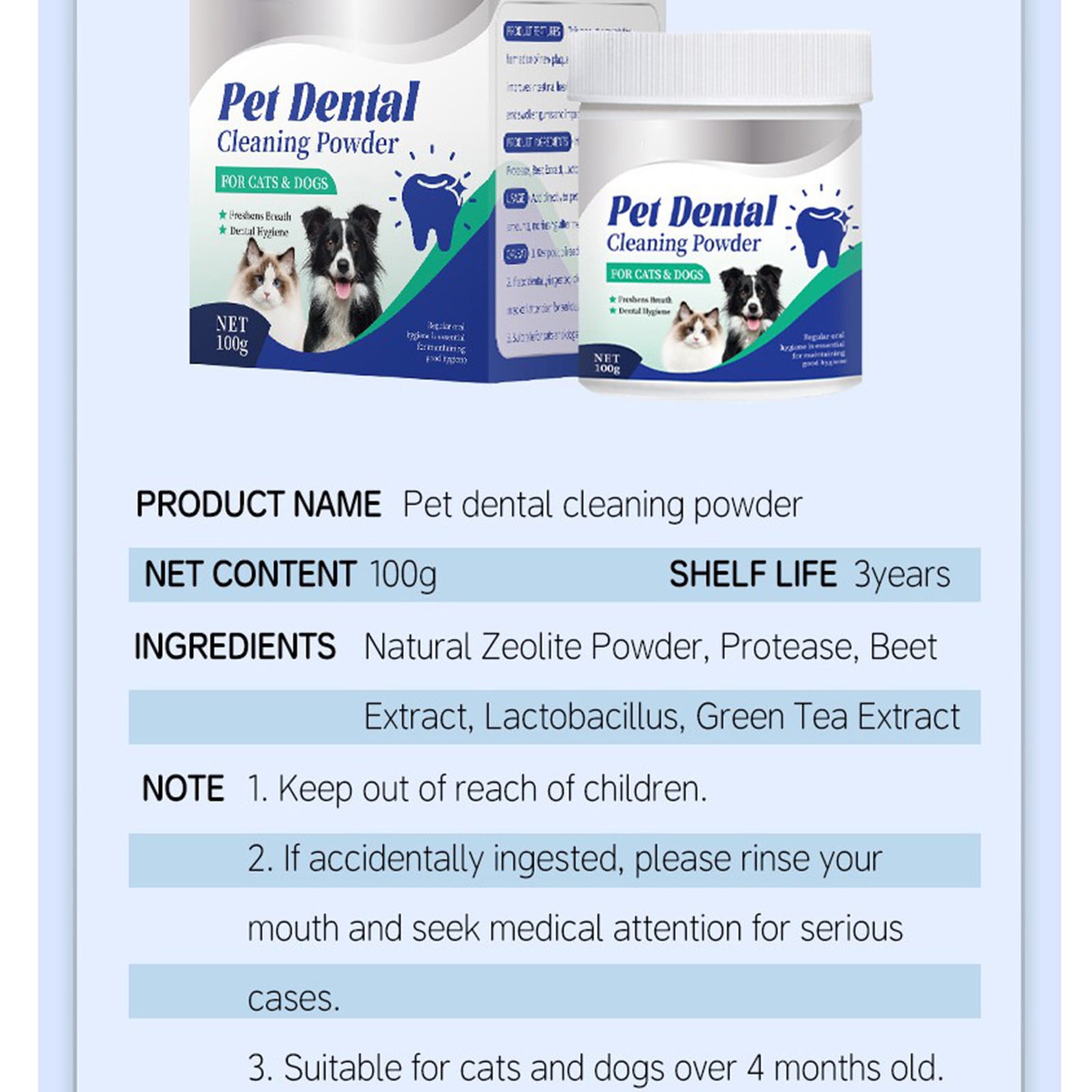 Jellico Pet Dental Cleaning Powder Oral Care Bad Breath Remover With Spoon, 100G, A Beef Flavor Dental Powder For Dogs & Cats, Includes Measuring Spoon, Pet Oral Hygiene Powder