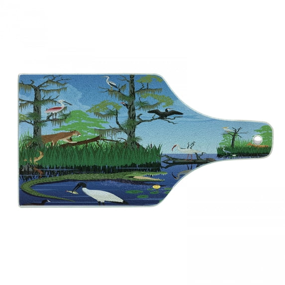 Animal Cutting Board, Digital Cartoon Print of Wild Fauna Around River Nature Themed, Decorative Tempered Glass Cutting and Serving Board, in 3 Sizes, by Ambesonne
