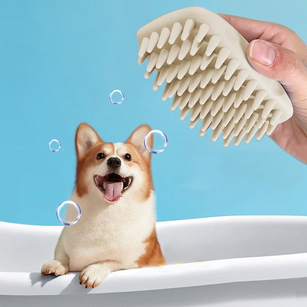 Cepillo de baño para mascotas con dispensador de jabón - Herramienta de peluquería de silicona para perros y gatos, elimina el pelo suelto, masaje y lavado, azul