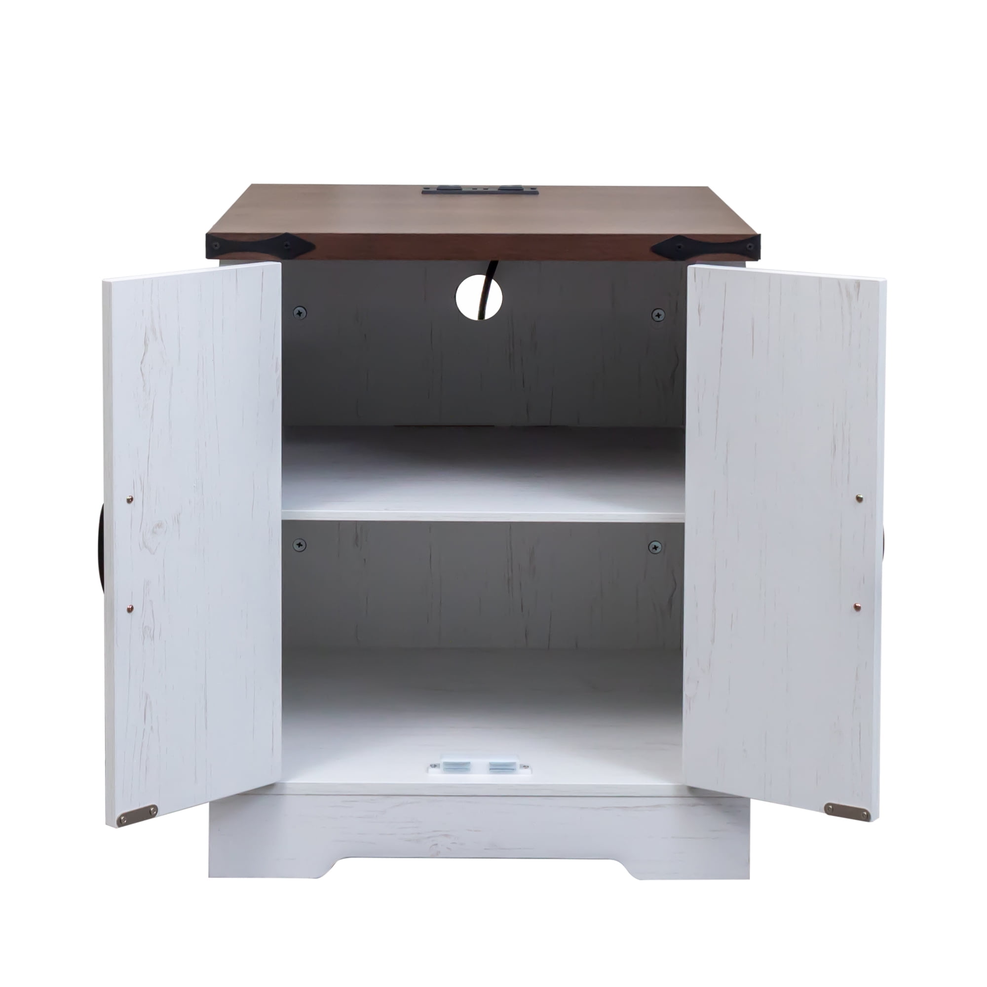 Aukfa Farmhouse End Table with Charging Statio,Rustic Barn Door Nightstand Side Table with Storage Cabinet,White