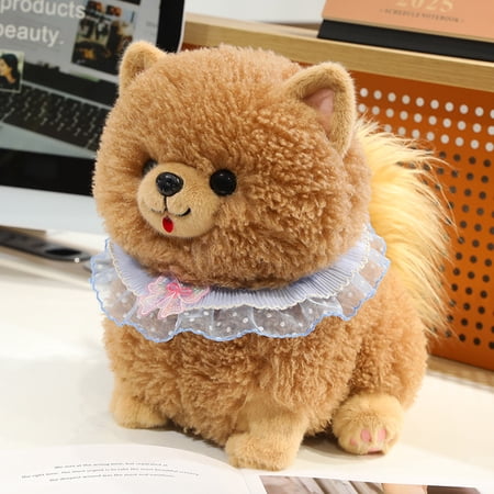 25cm Cute Pomeranian Plush Toy with Lace Collar, Soft Stuffed Puppy in White/Brown for Kids and Dog Lovers
