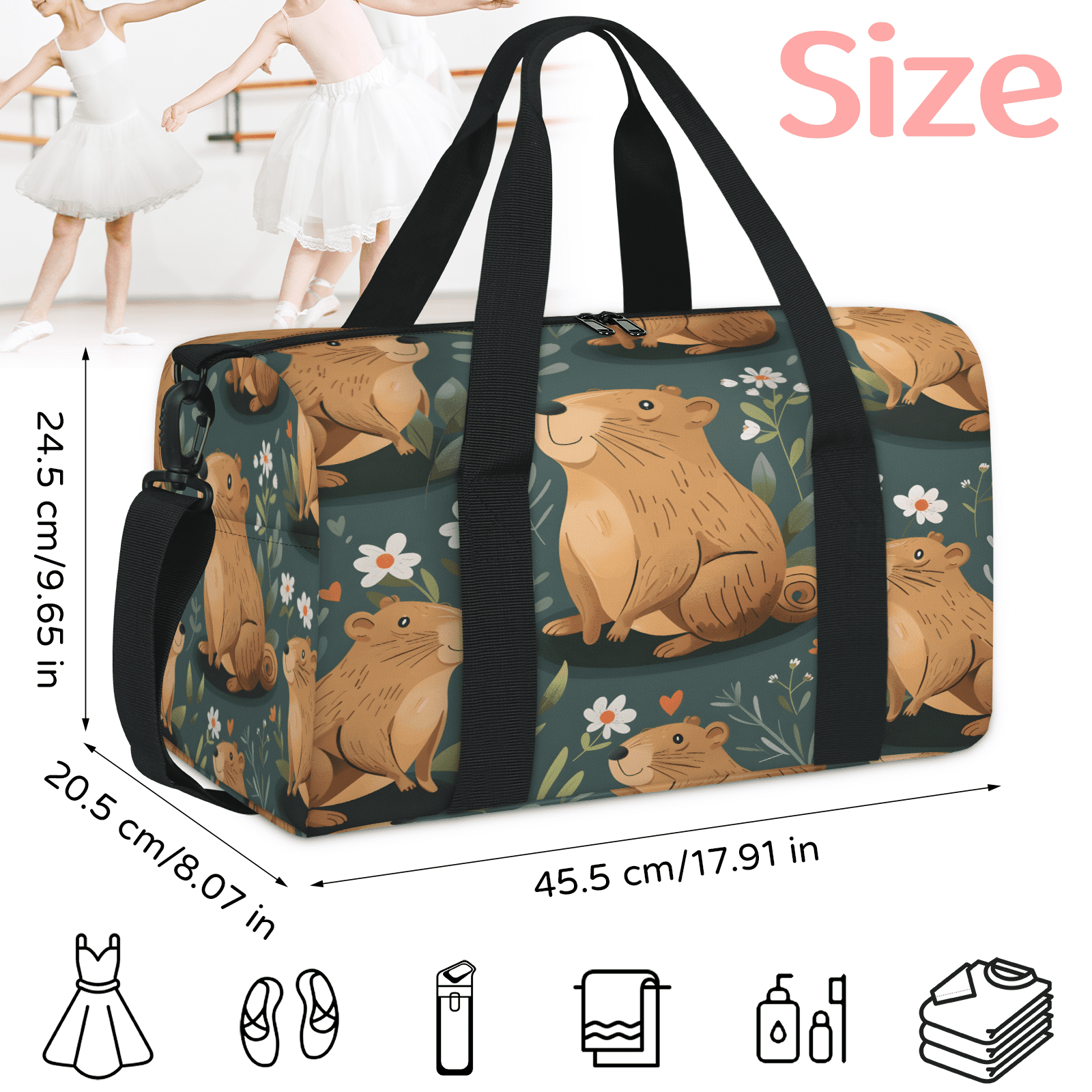 Herdesigns Funny Travel Duffle Bag Sports Yoga Weekender Overnight Carry on Workout Bags Lightweight Waterproof Gym Tote Bag for Women Capybara