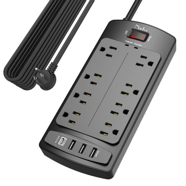 Protector contra sobretensiones Nuetsa, 8 salidas y 4 puertos USB, color negro