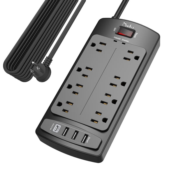 Protector contra sobretensiones Nuetsa, 8 salidas y 4 puertos USB, color negro