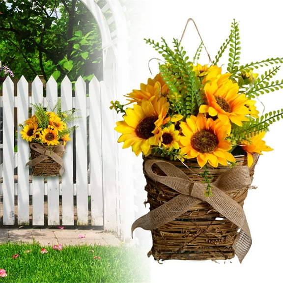 SMKE Summer Wreath Sunflower Wreaths Basket 17" Summer Seasonal Decor Indoor Outdoor Wreaths for Front Door with Burlap Bow