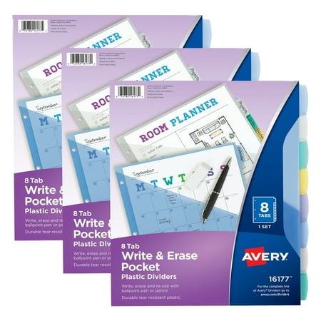 Avery Write & Erase Pocket Plastic Dividers, 8-Tab Set, Multicolor, 3 Sets