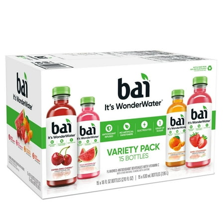 Bai WonderWater Flavored Water Beverage Variety Pack, 18 Fluid Ounce (15 Pack)