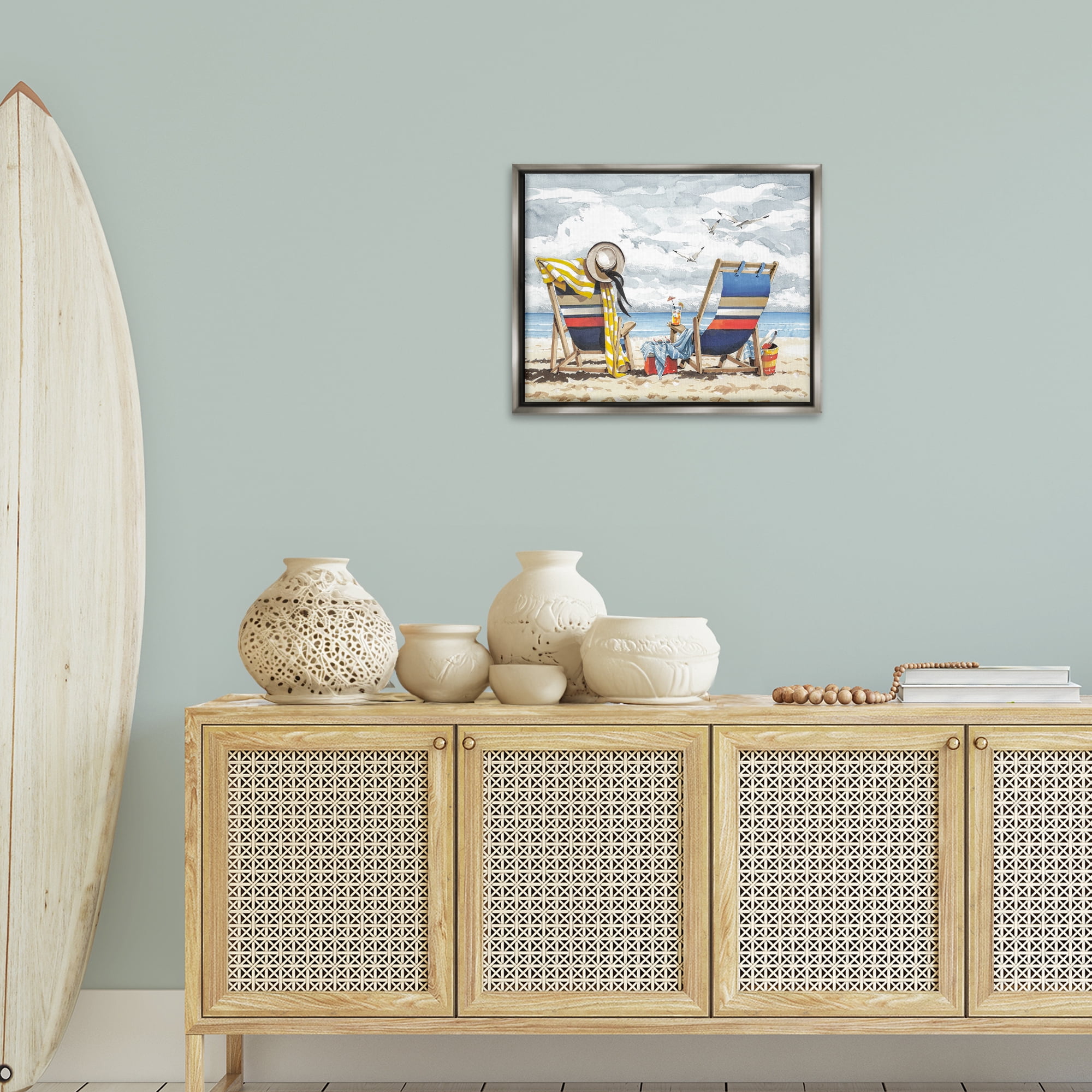Stupell Industries Peaceful Beach Chairs Hangout Landscape & Nature Painting Gray Floater Framed Canvas Art Print Wall Art, 21 x 17